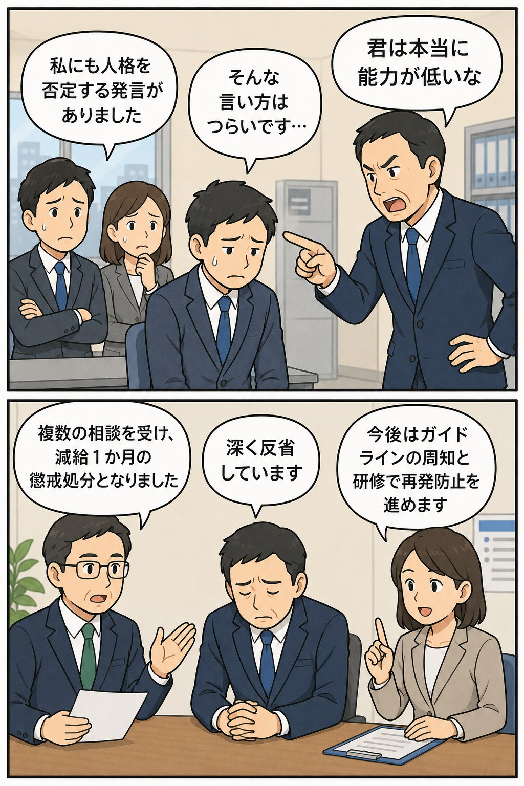 福島県の市で課長級男性職員が部下に人格や能力を否定する発言を行い、パワハラにより減給1か月の懲戒処分を受けたことを説明する漫画風イラスト