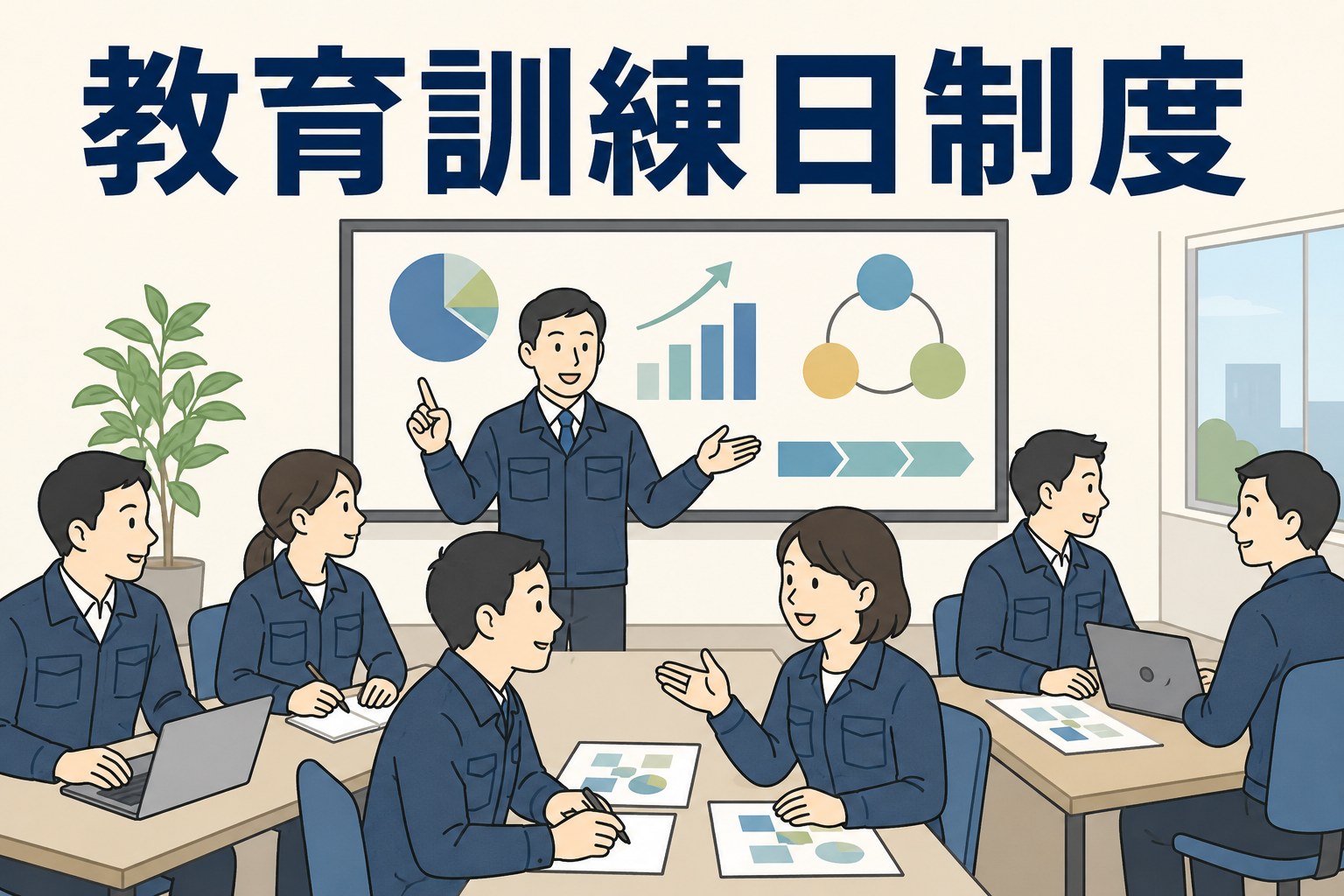 教育訓練日制度で年4回の全社員研修を行い、年度方針や戦略、情報共有、グループワークを通じて社員のベクトルを合わせる建設資材販売会社の漫画イメージ