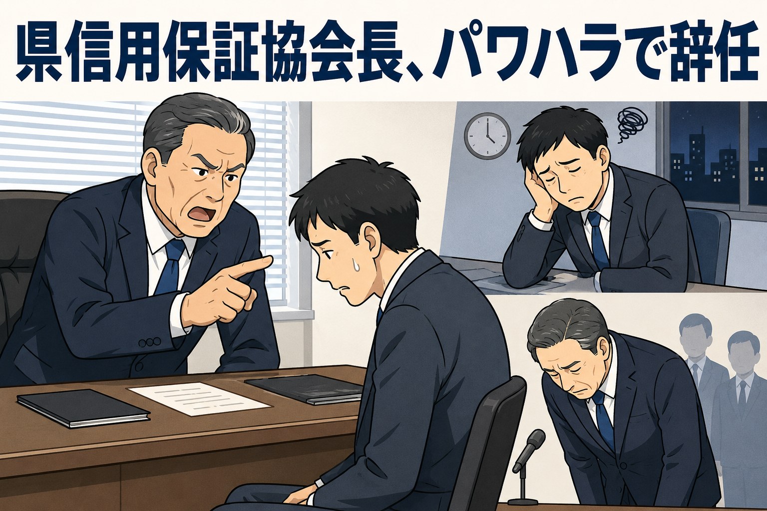 県信用保証協会の会長が男性管理職を長時間叱責し、第三者委員会がパワハラと認定した問題を示すイラスト