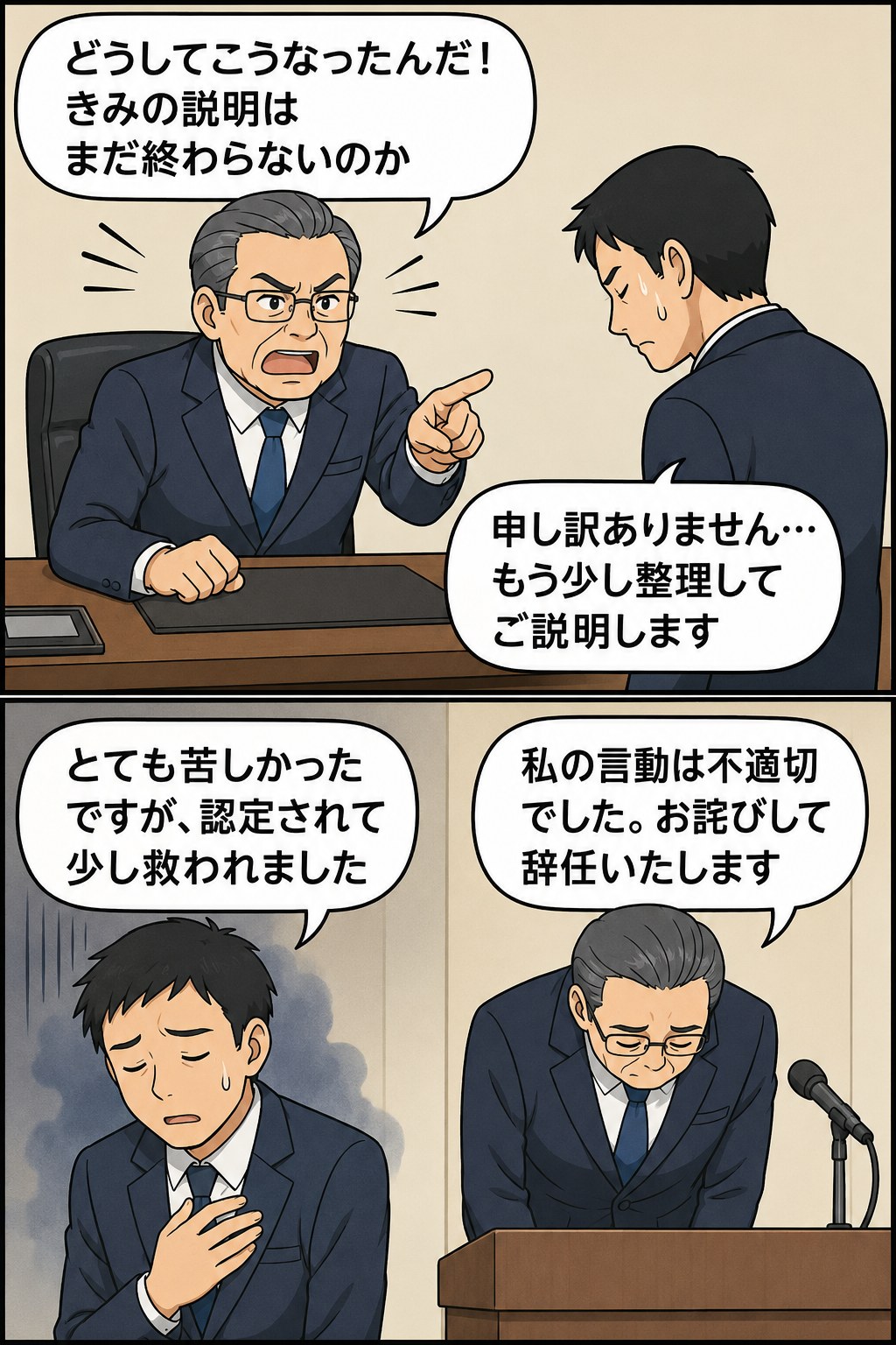 県信用保証協会の会長が男性管理職を長時間問い詰め、パワハラ認定後に謝罪して辞任する流れを描いた漫画風イラスト