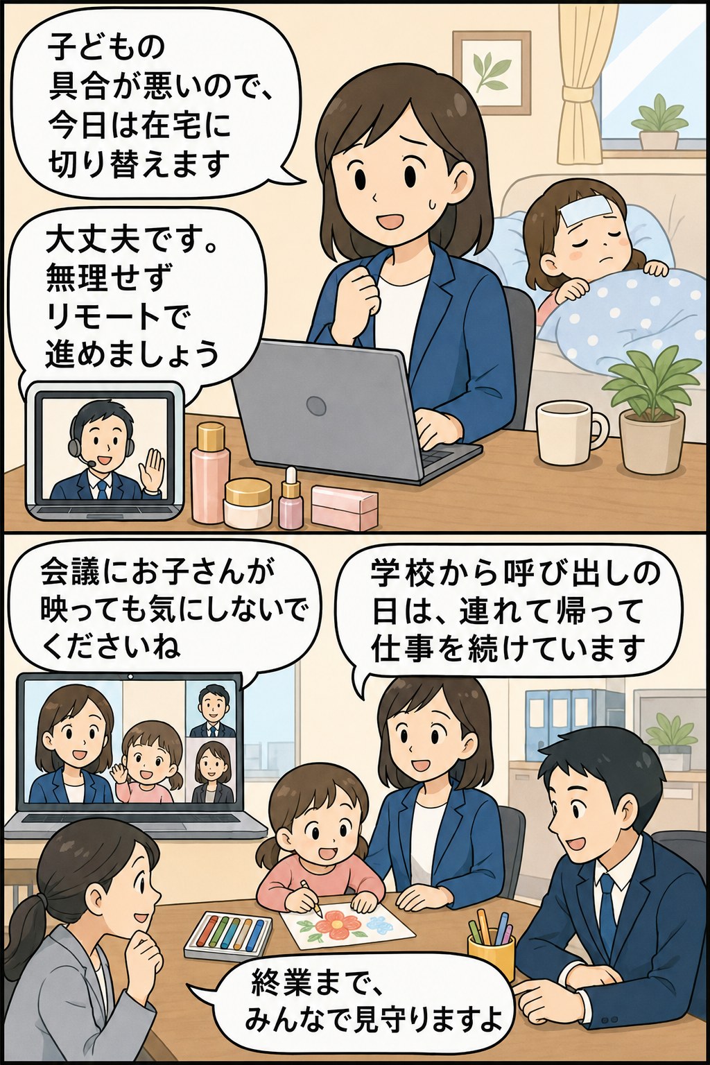 子どもの急な体調不良や学校からの呼び出しに応じて、在宅勤務や子連れ出社へ柔軟に切り替えられる化粧品販売会社の職場環境