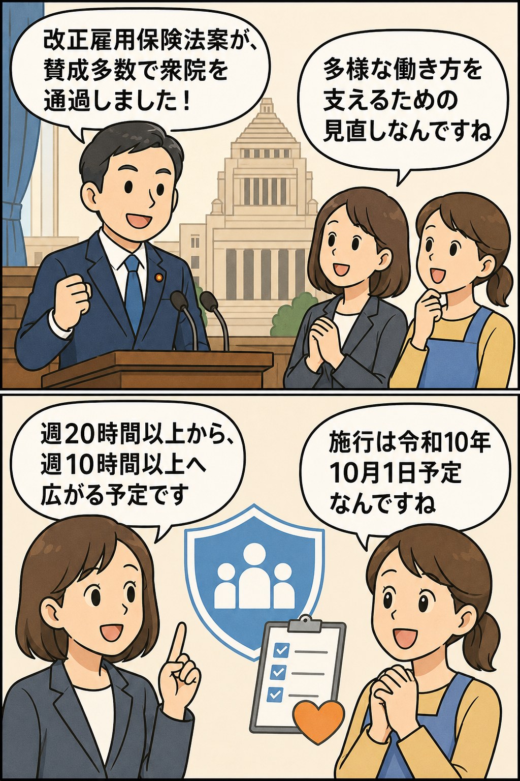 改正雇用保険法案が賛成多数で衆院通過し、週20時間以上から週10時間以上へ適用拡大する予定を解説する漫画風イラスト