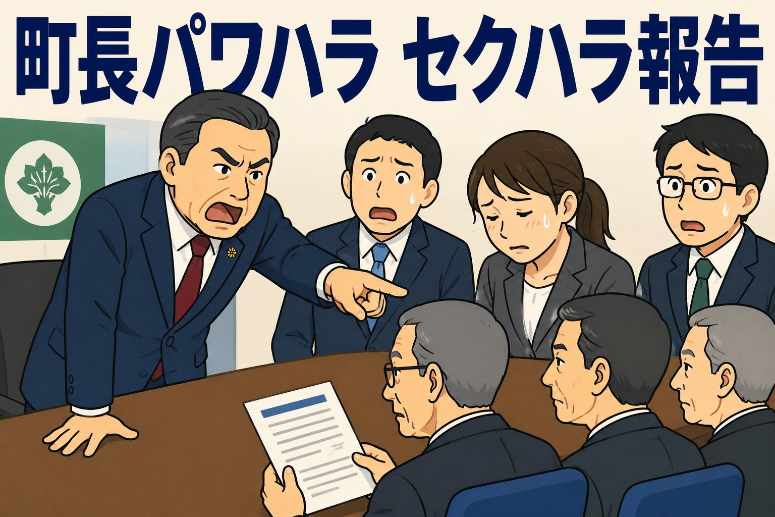 愛知県東郷町の町長による職員へのパワハラ・セクハラ問題を受け、第三者委員会がハラスメント認定報告書を提出したことを表すイラスト