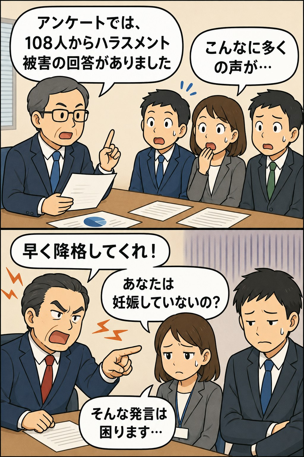 愛知県東郷町長のパワハラ・セクハラ問題で、職員アンケートに108人からハラスメント被害の回答があったことを説明するイラスト