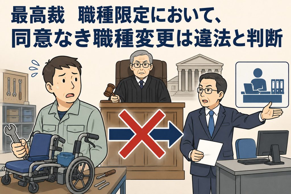 職種限定で勤務していた社員への同意なき職種変更は違法とした最高裁判決を解説するイラスト