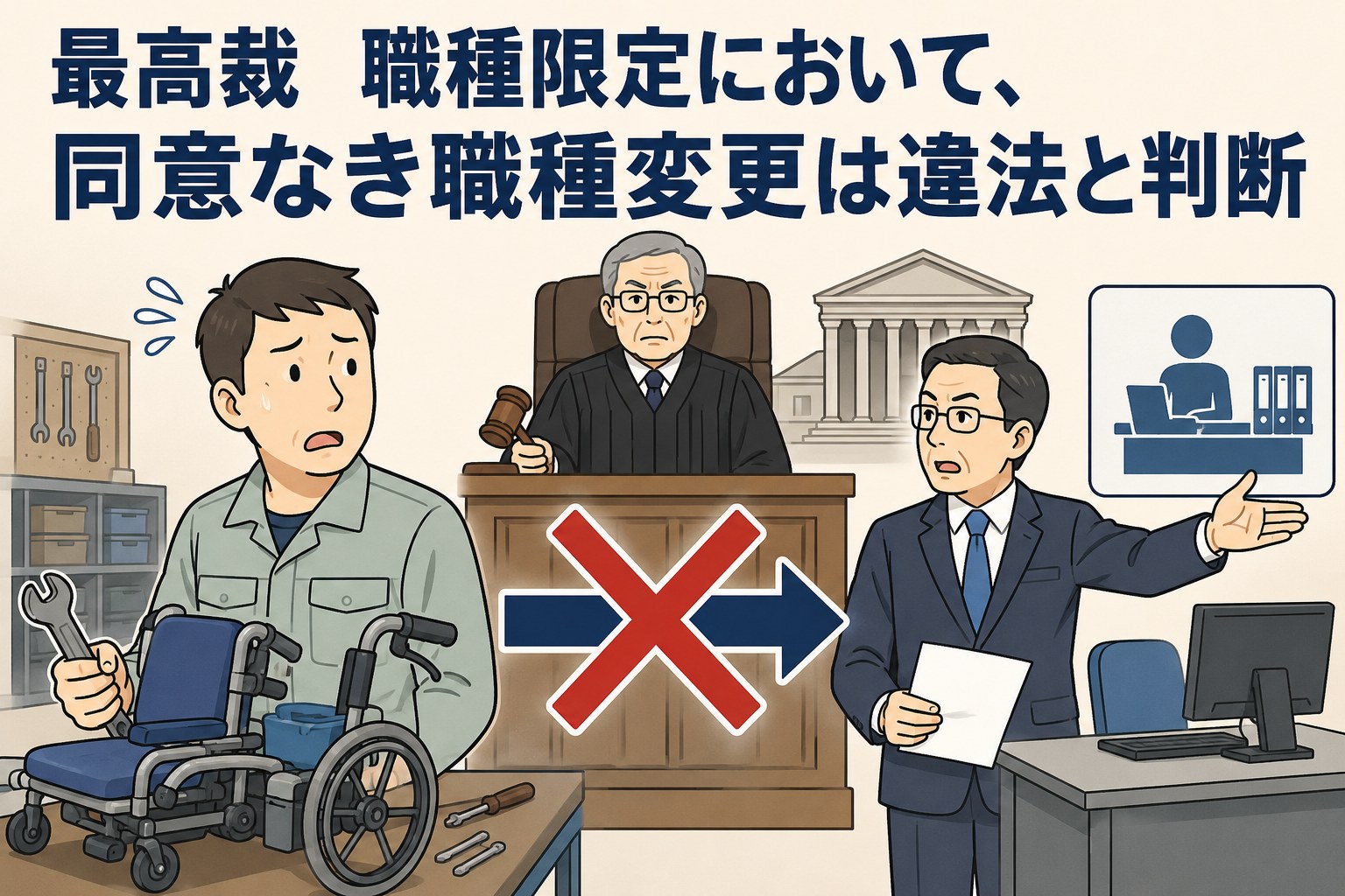 職種限定で勤務していた社員への同意なき職種変更は違法とした最高裁判決を解説するイラスト