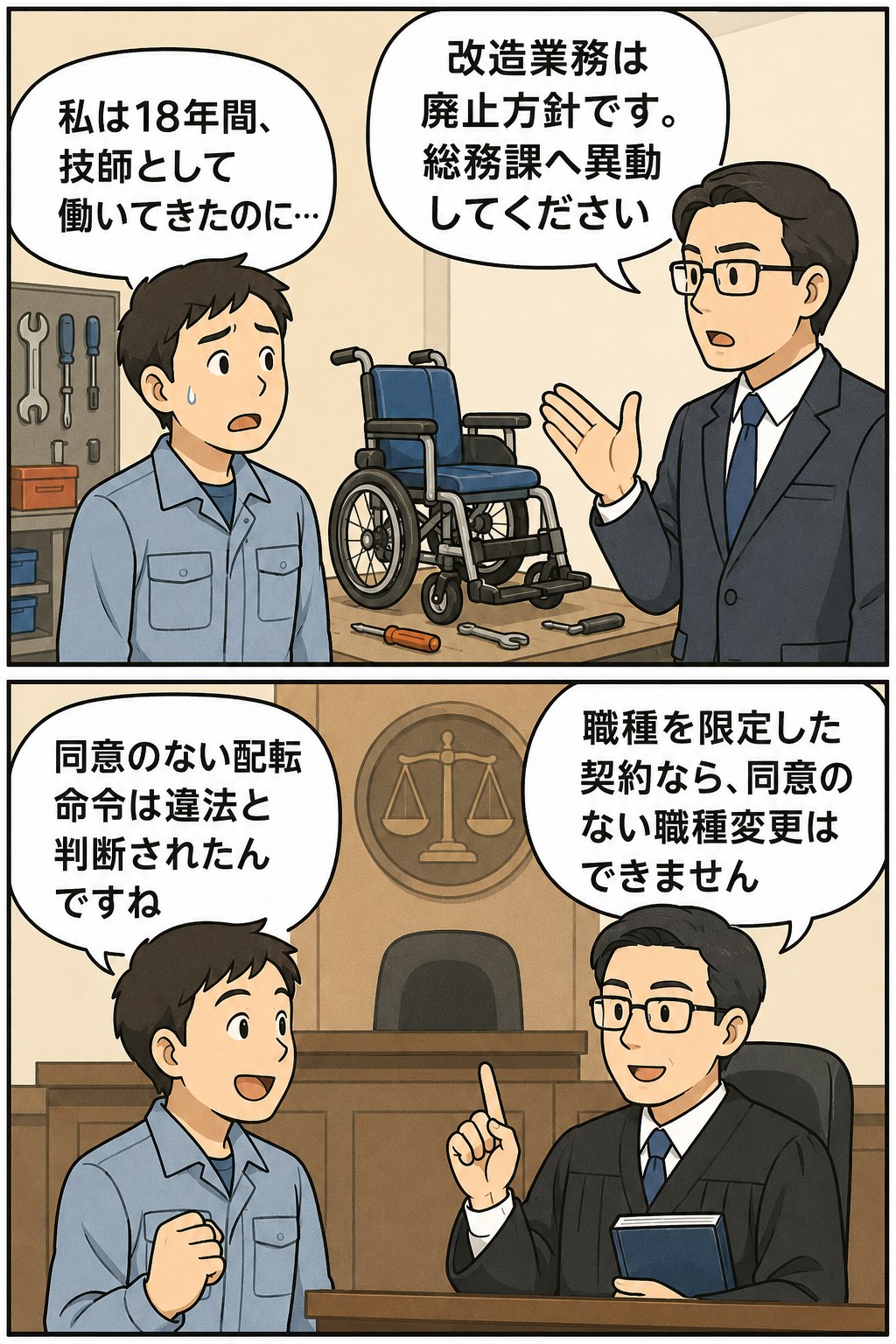 職種限定で18年間勤務した技師への同意なき総務課配転が違法と判断された最高裁判決を解説する漫画