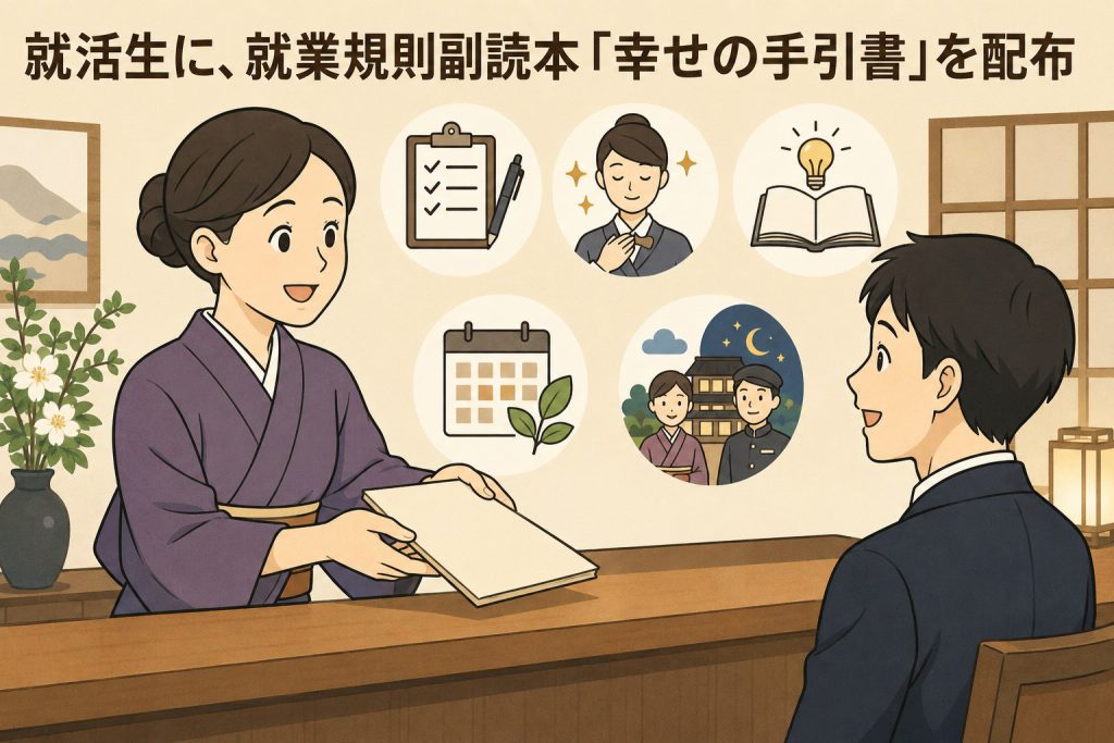 旅館が就活生に就業規則副読本「幸せの手引書」を配布し、休暇制度や勤務ルールを説明している様子