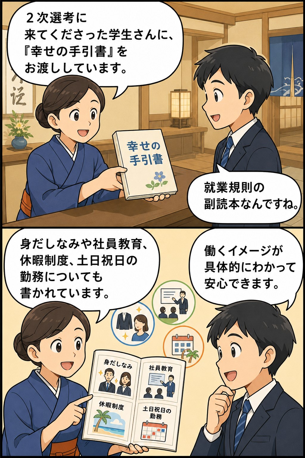 旅館の2次選考で就活生に就業規則副読本「幸せの手引書」を手渡し、身だしなみや休暇制度、土日祝日の勤務について説明している漫画