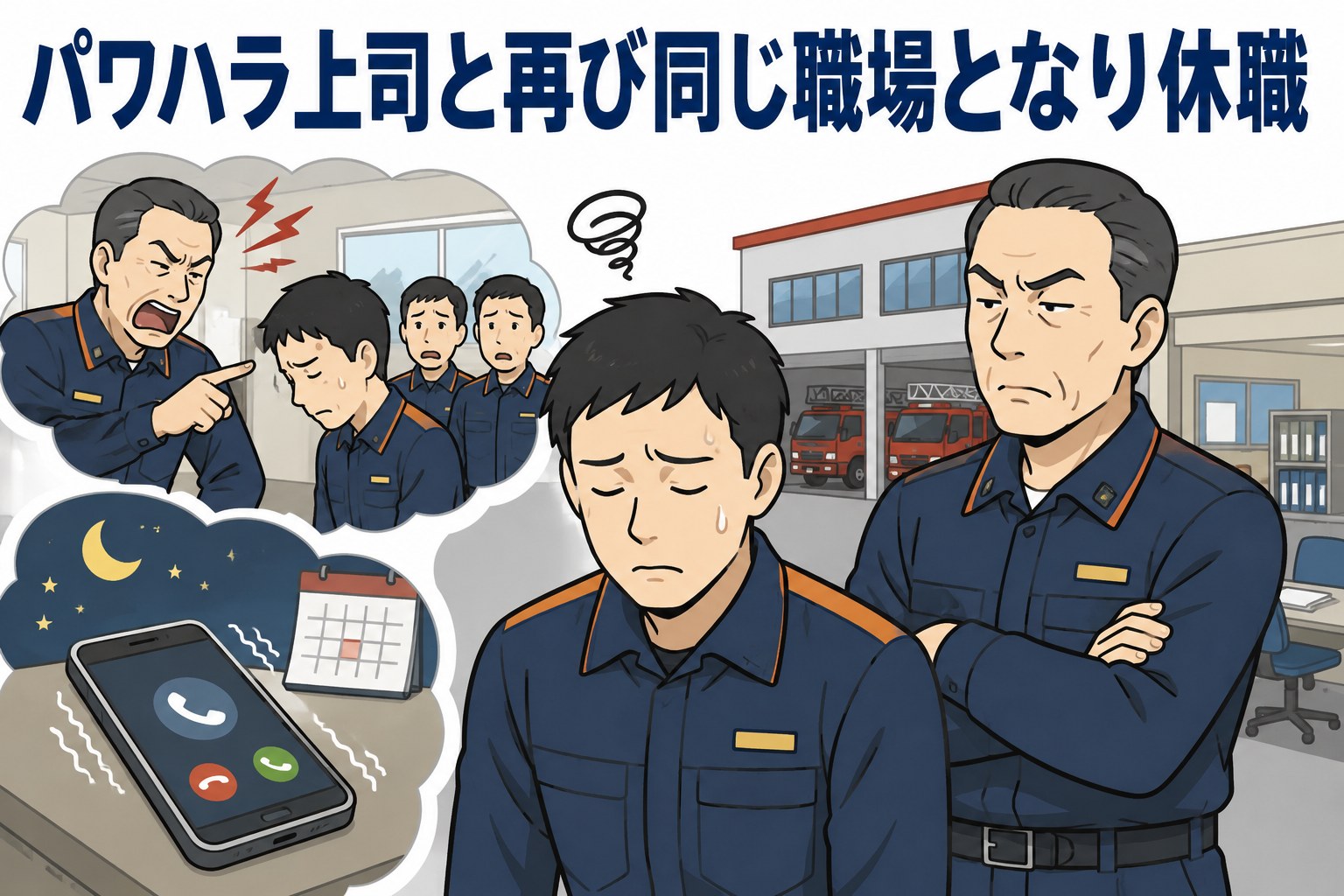 千葉県の消防局で、過去にパワハラを受けた男性署員が異動により再び分署長と同じ職場となり、休職に至った問題を描いたイメージ画像