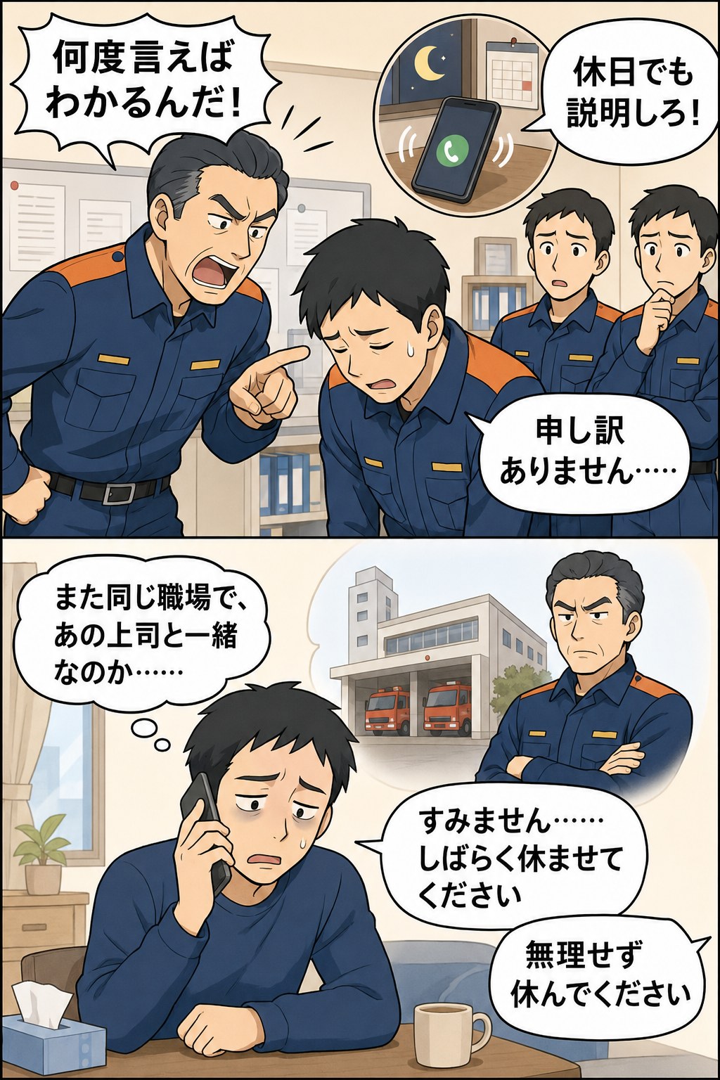 千葉県の消防局で、分署長から同僚の前で叱責された男性署員が、休日の電話詰問や再異動による上下関係で休職に至る様子を描いた漫画風イメージ