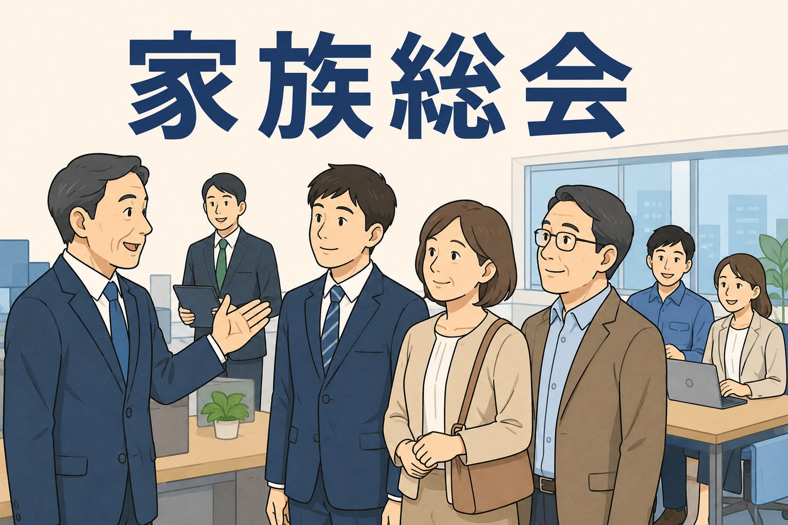 IT企業の家族総会で内定者と家族がオフィス見学や会社説明を受ける様子