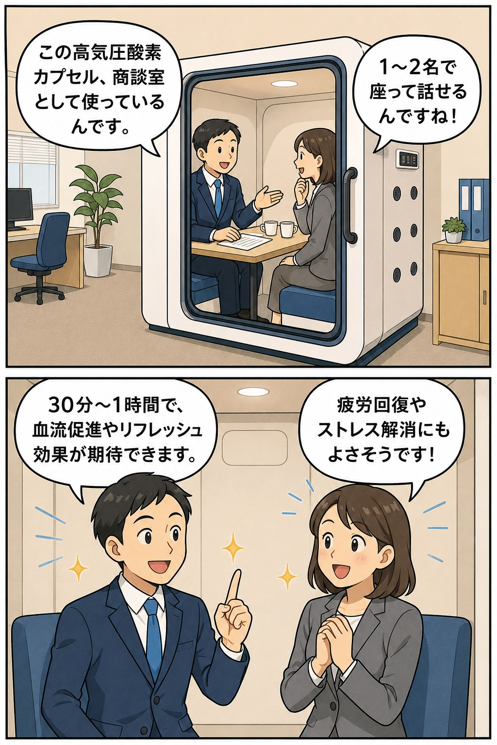ボックス型高気圧酸素カプセルを商談室として活用し、1〜2名で座って会話するビジネスパーソンの漫画