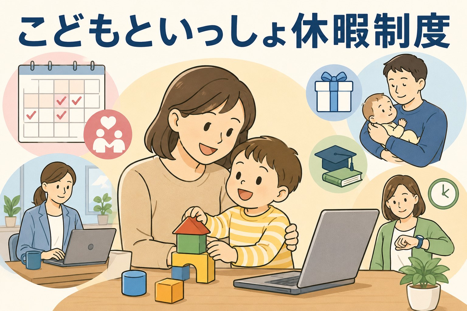 こどもといっしょ休暇制度で子育てと仕事の両立を支援する企業のイメージ