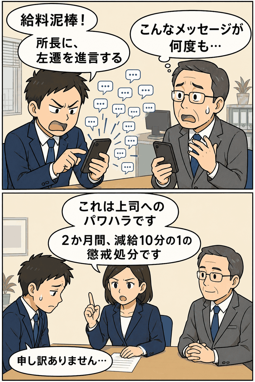 奈良県職員が上司にSNSで「給料泥棒」「左遷を進言する」などの誹謗中傷・脅迫メッセージを繰り返し送り、パワハラで減給処分を受けた事例を描いた漫画