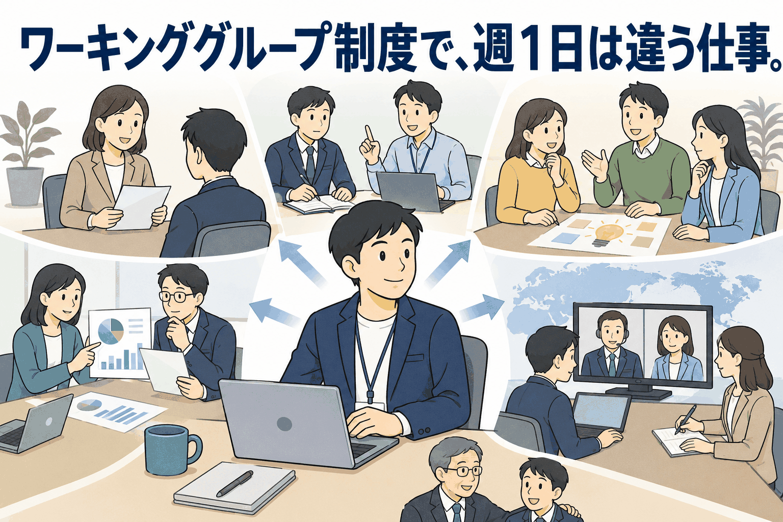 決済システム開発会社のワーキンググループ制度で、社員が週1日を使い採用・研修・ブランディング・海外事業など多様な業務に参加する様子