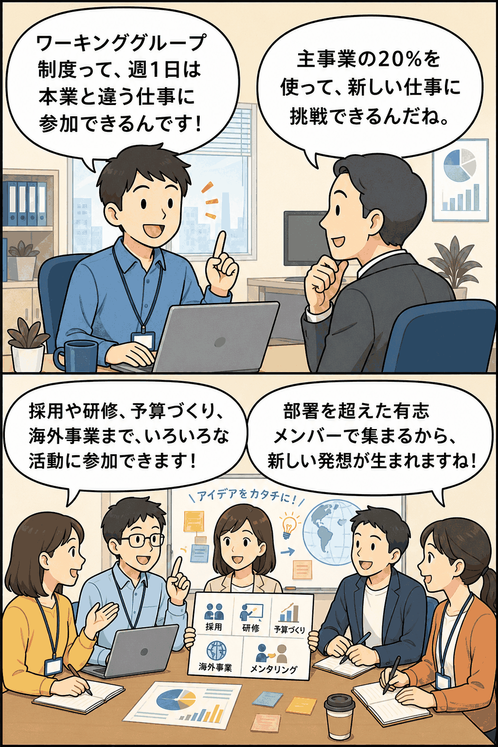 決済システム開発会社のワーキンググループ制度を説明する漫画で、社員が週1日を使い採用・研修・予算づくり・海外事業・メンタリングなどに参加する様子