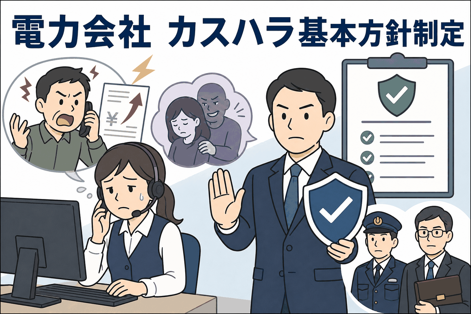 電力会社がカスタマーハラスメント基本方針を制定し、悪質な脅しや性的嫌がらせへの対応中断、警察・弁護士との連携を示すイラスト