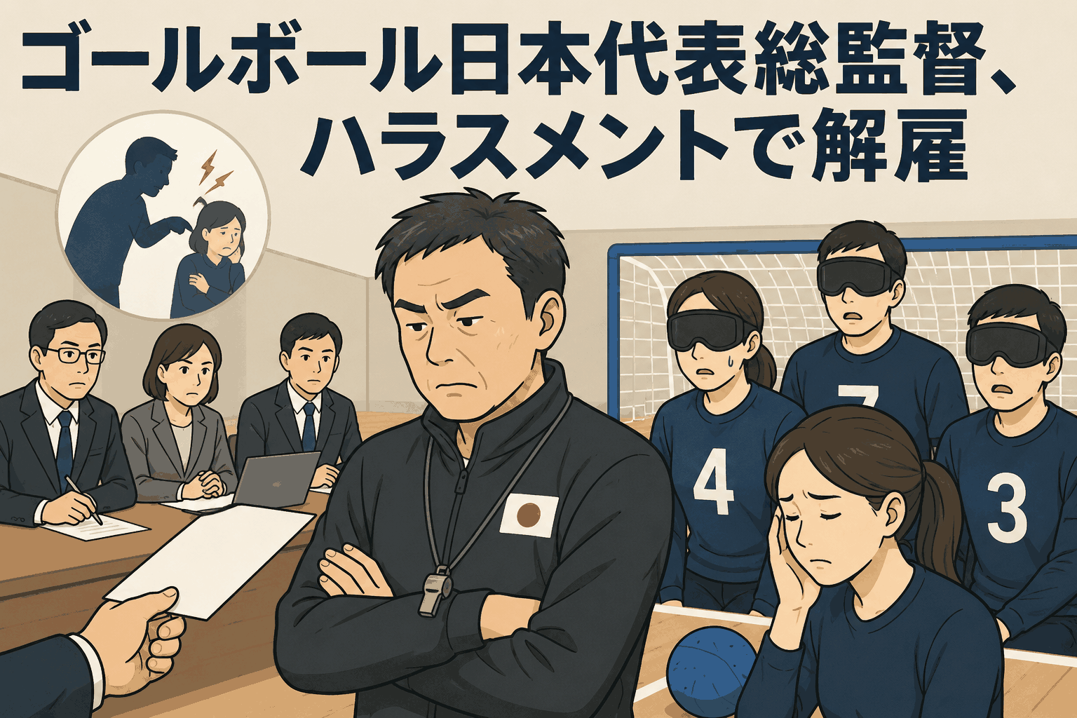 ゴールボール日本代表総監督がハラスメント認定を受け懲戒解雇された問題を示すイラスト