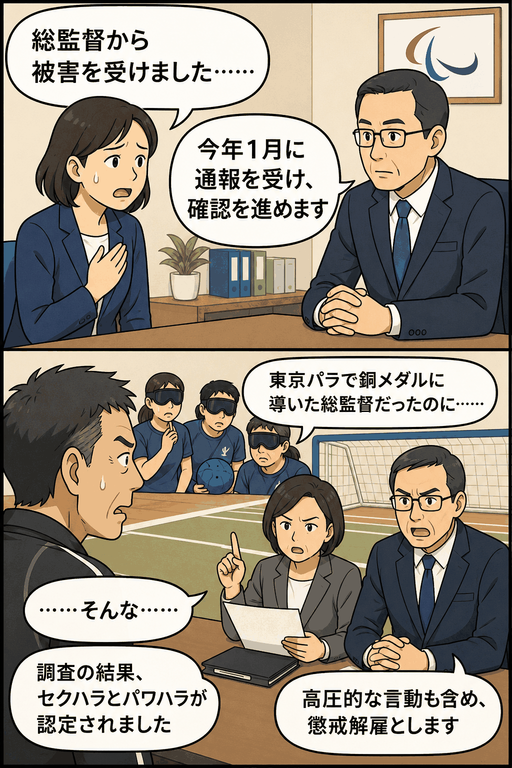 ゴールボール日本代表総監督によるハラスメント被害の通報から調査、懲戒解雇までの流れを描いた漫画風イラスト