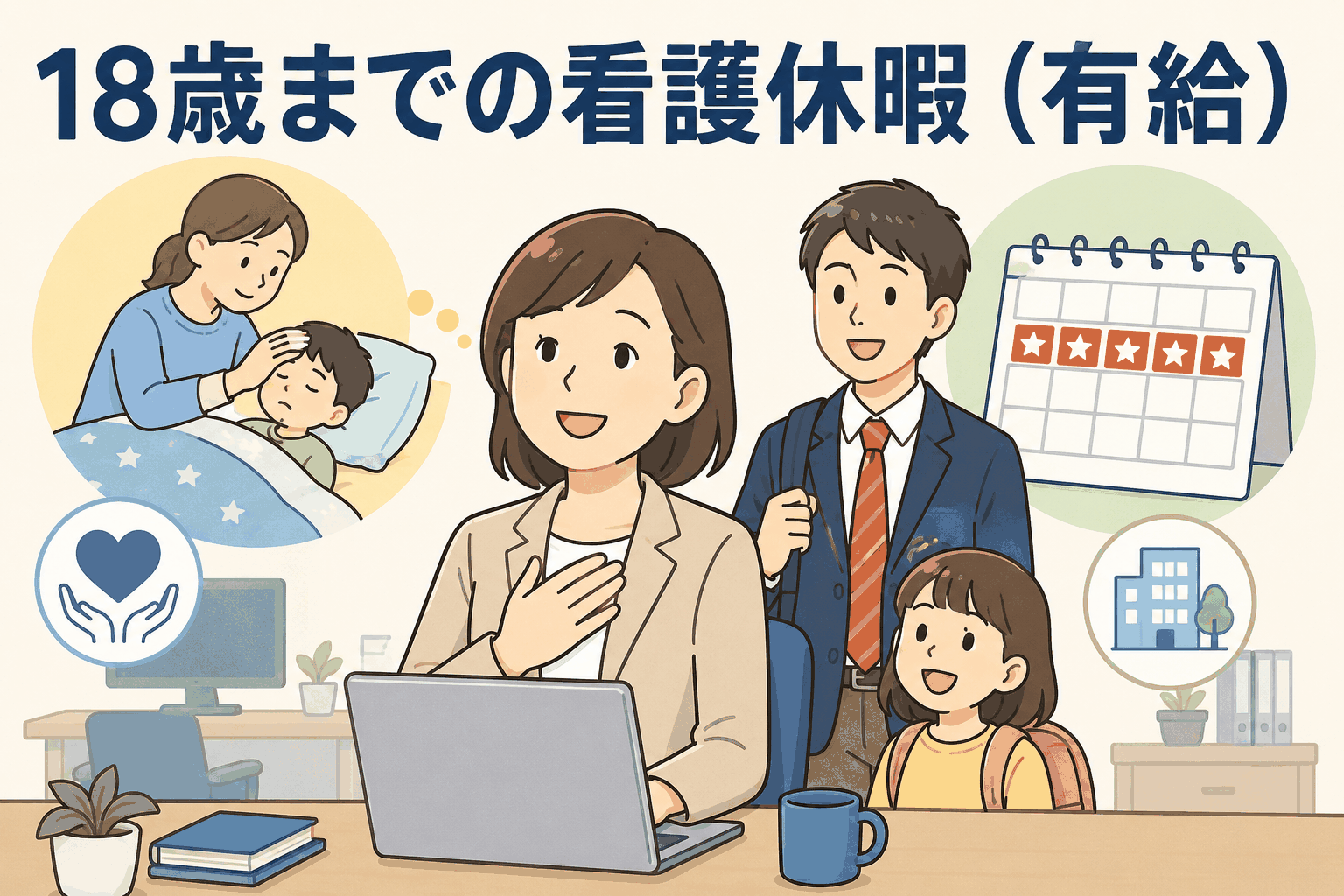 18歳までの子ども1人につき年間5日間の有給看護休暇を取得できるSNS運用会社の育児支援制度を紹介するイラスト