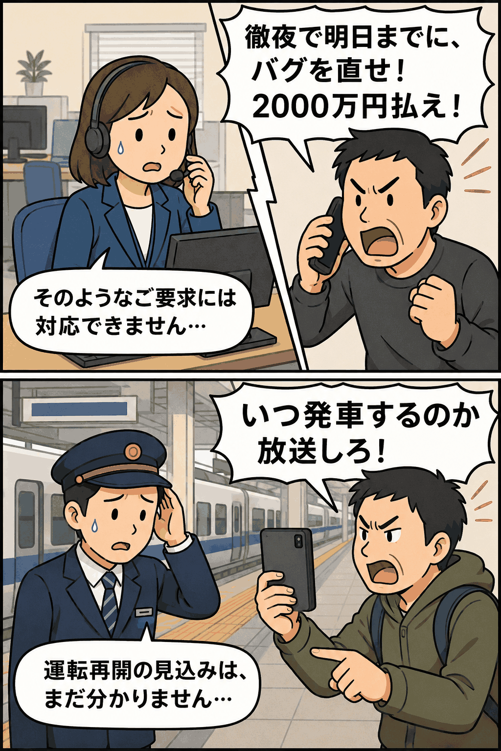 情報通信業のサポートデスクと駅員が、顧客から過剰要求や暴言、無断撮影を受けるカスタマーハラスメント事例のイラスト