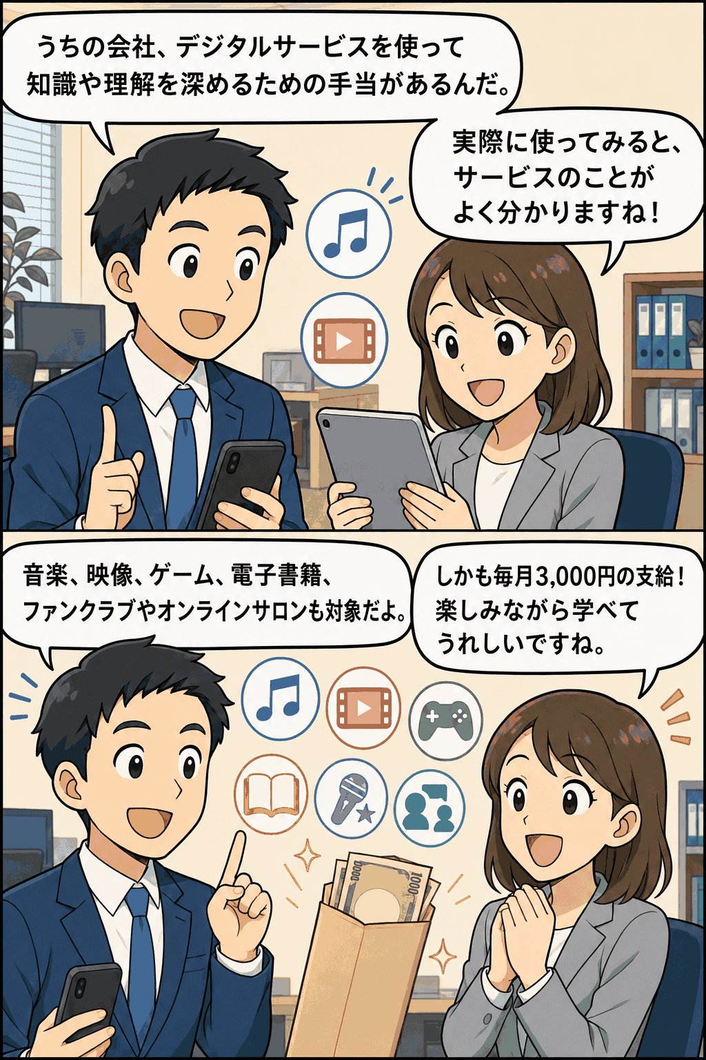 デジタルサービス利用手当の目的や対象サービス、毎月3,000円支給の内容を社員同士の会話で説明する漫画