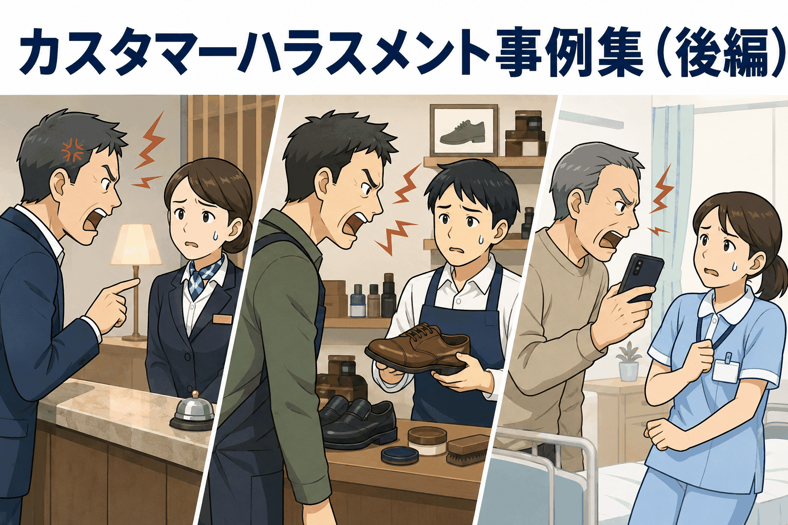 カスタマーハラスメント事例集の後編として、宿泊業・生活関連サービス業・医療福祉業で従業員が顧客から怒鳴られる場面