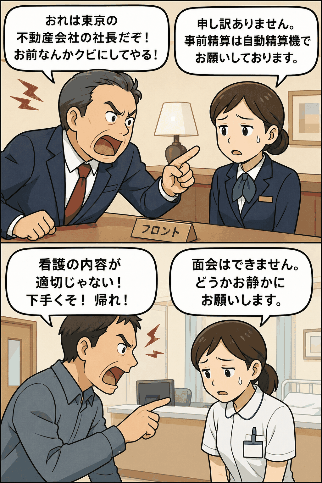 宿泊業と医療福祉業の現場で、従業員が顧客や利用者から大声で暴言を受けるカスタマーハラスメント事例