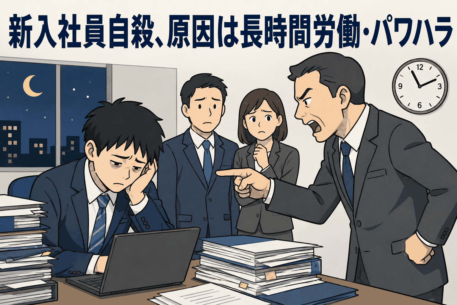 新入社員の自殺原因として長時間労働とパワハラが問題となった労災裁判を示すイラスト
