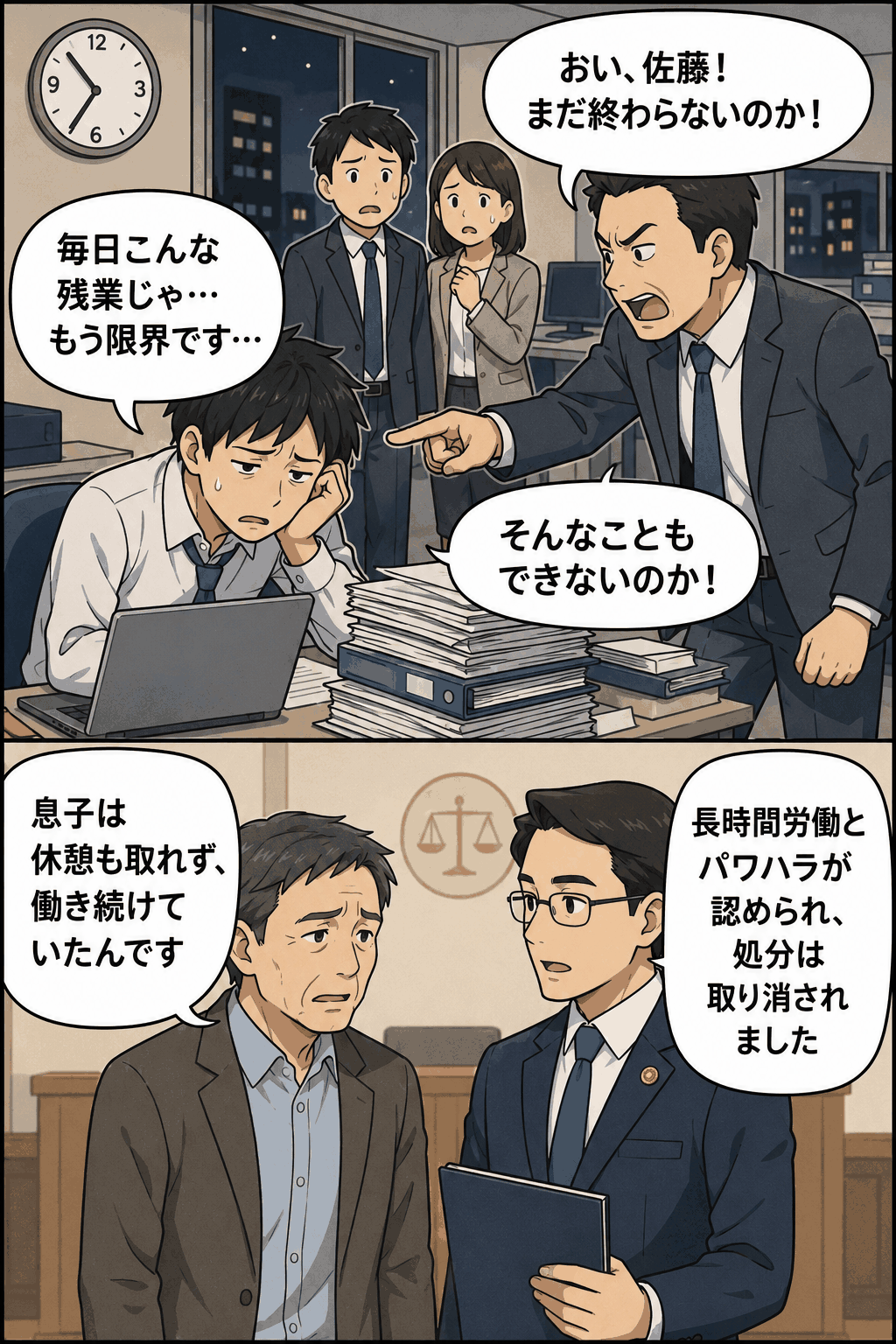 長時間労働とパワハラに苦しむ新入社員の自殺をめぐり、遺族補償給付の不支給処分が取り消された労災裁判の漫画