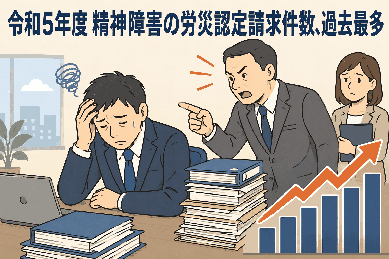 令和5年度に精神障害の労災請求件数と支給決定件数が過去最多となり、パワーハラスメントなど職場のストレス増加を示すイラスト