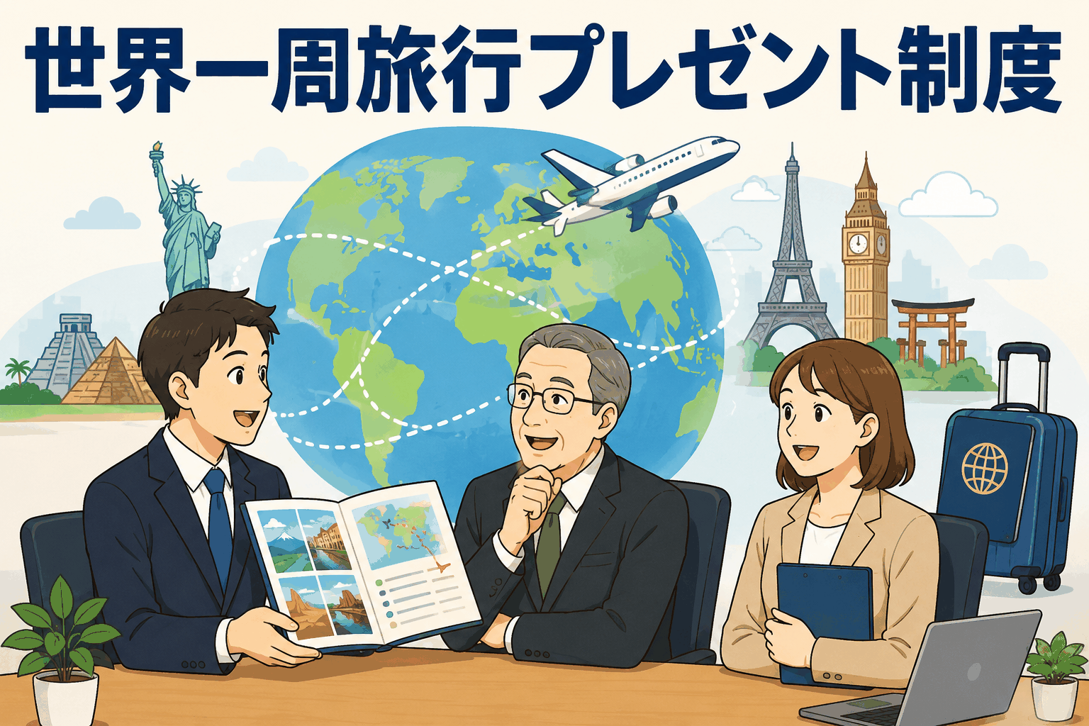 世界一周旅行プレゼント制度を紹介する企業の人事面談イラスト。地球や飛行機、各国の観光名所を背景に、社員が旅行プランを相談している様子。