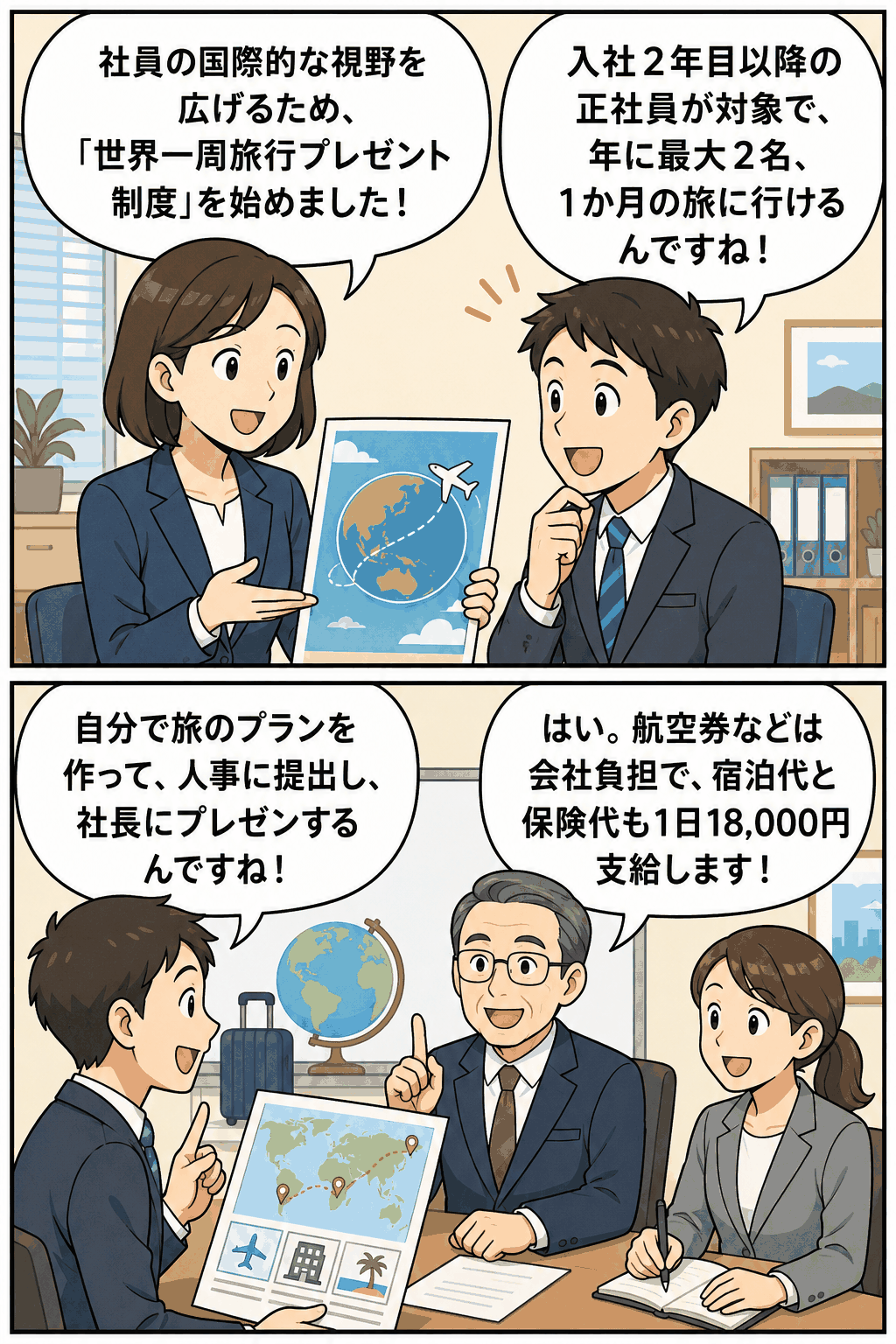 世界一周旅行プレゼント制度を漫画で紹介する画像。入社2年目以降の正社員を対象に、1か月の海外旅行費用を会社が支援する福利厚生制度を説明している様子。