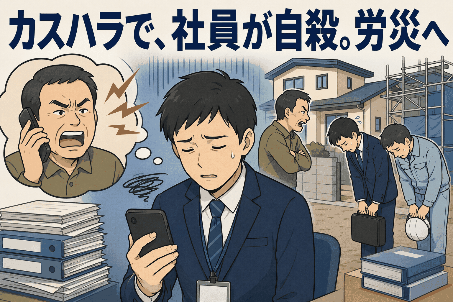 住宅メーカーの24歳男性社員が顧客からのカスハラや会社の相談体制不足により精神障害を発症し、労災認定された事例を示すイラスト