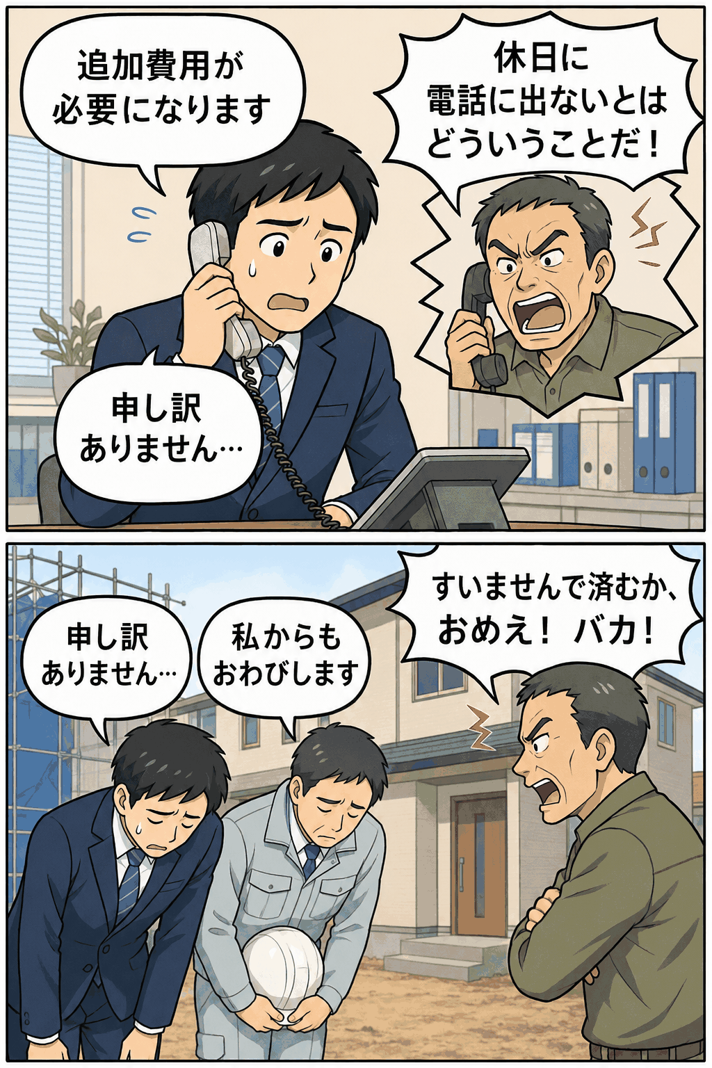 住宅メーカーの営業社員が追加費用の説明後、休日の電話対応や顧客からの暴言・叱責を受けて謝罪するカスハラ被害の漫画