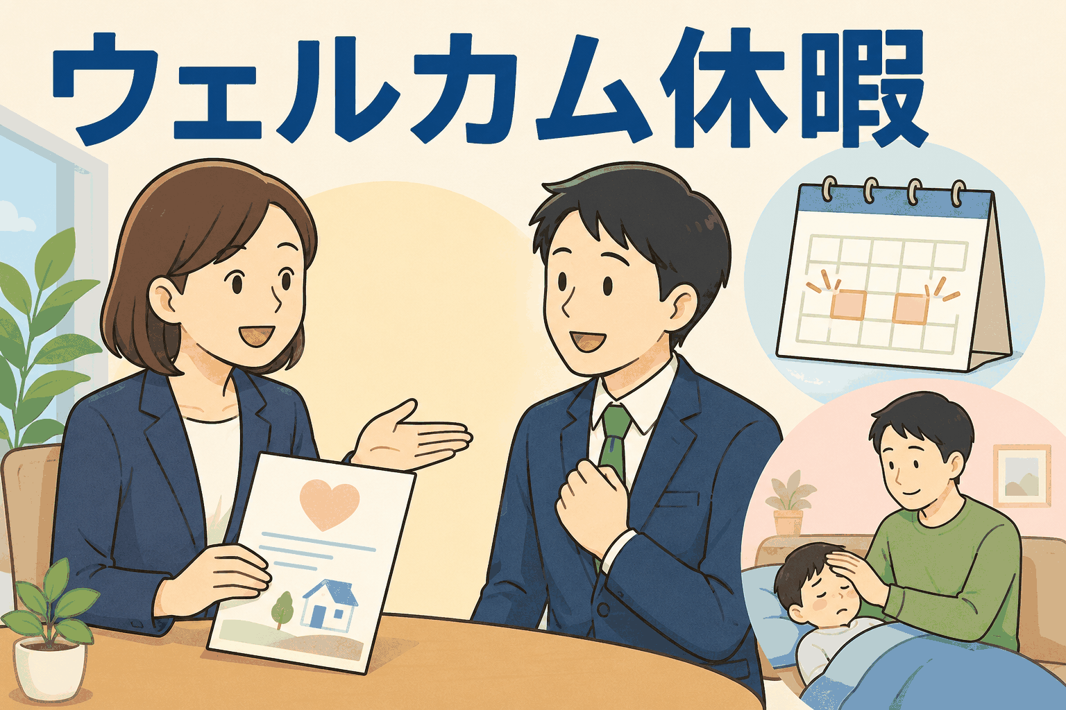 ウェルカム休暇制度を紹介するイラスト。入社後2ヶ月で2日間の有給休暇が付与され、私用や子供の体調不良時にも利用できる福利厚生を表現。