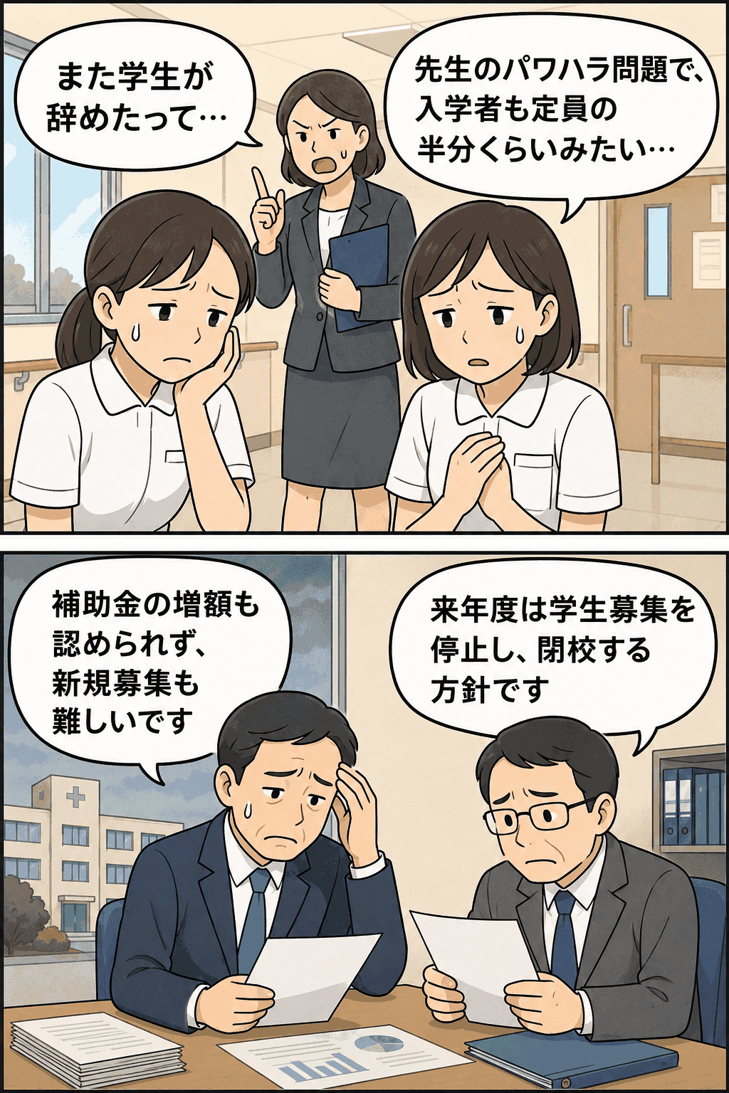 教員のパワハラ問題で退学者や入学者減少が相次ぎ、補助金増額も認められず閉校方針となった看護学院の漫画イメージ