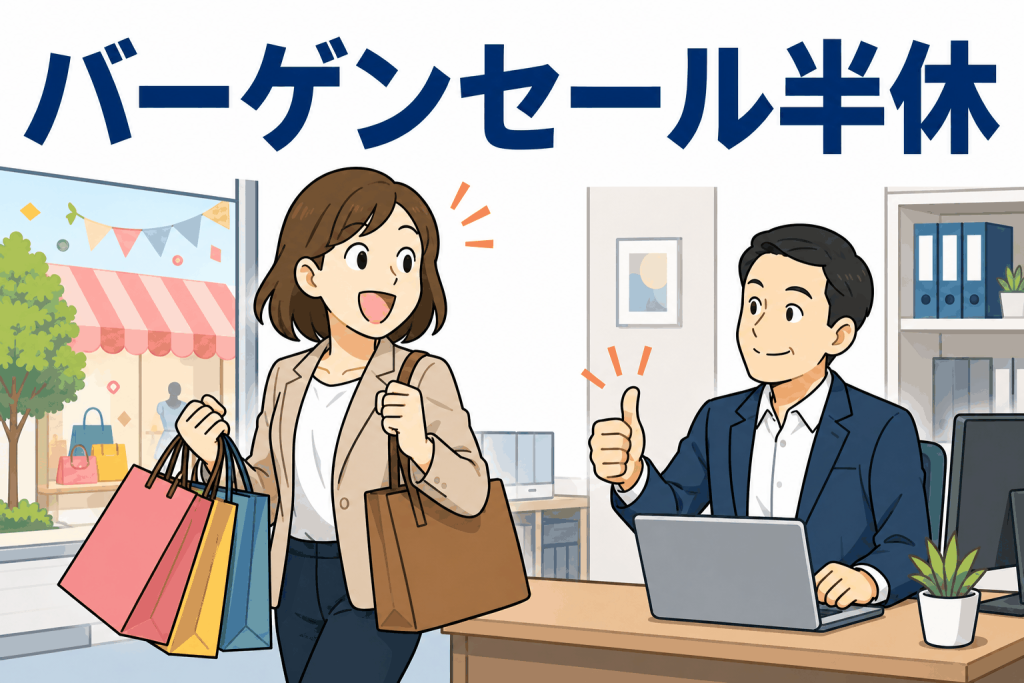 バーゲンセール半休制度を利用して買い物に出かける女性と、取得を承認する会社員のイラスト