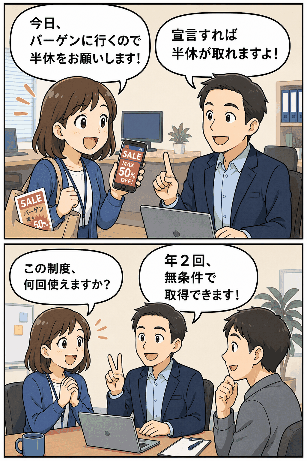 バーゲンセール半休制度について、社員が「バーゲンに行く」と宣言すれば年2回無条件で半休を取得できることを説明する漫画イラスト