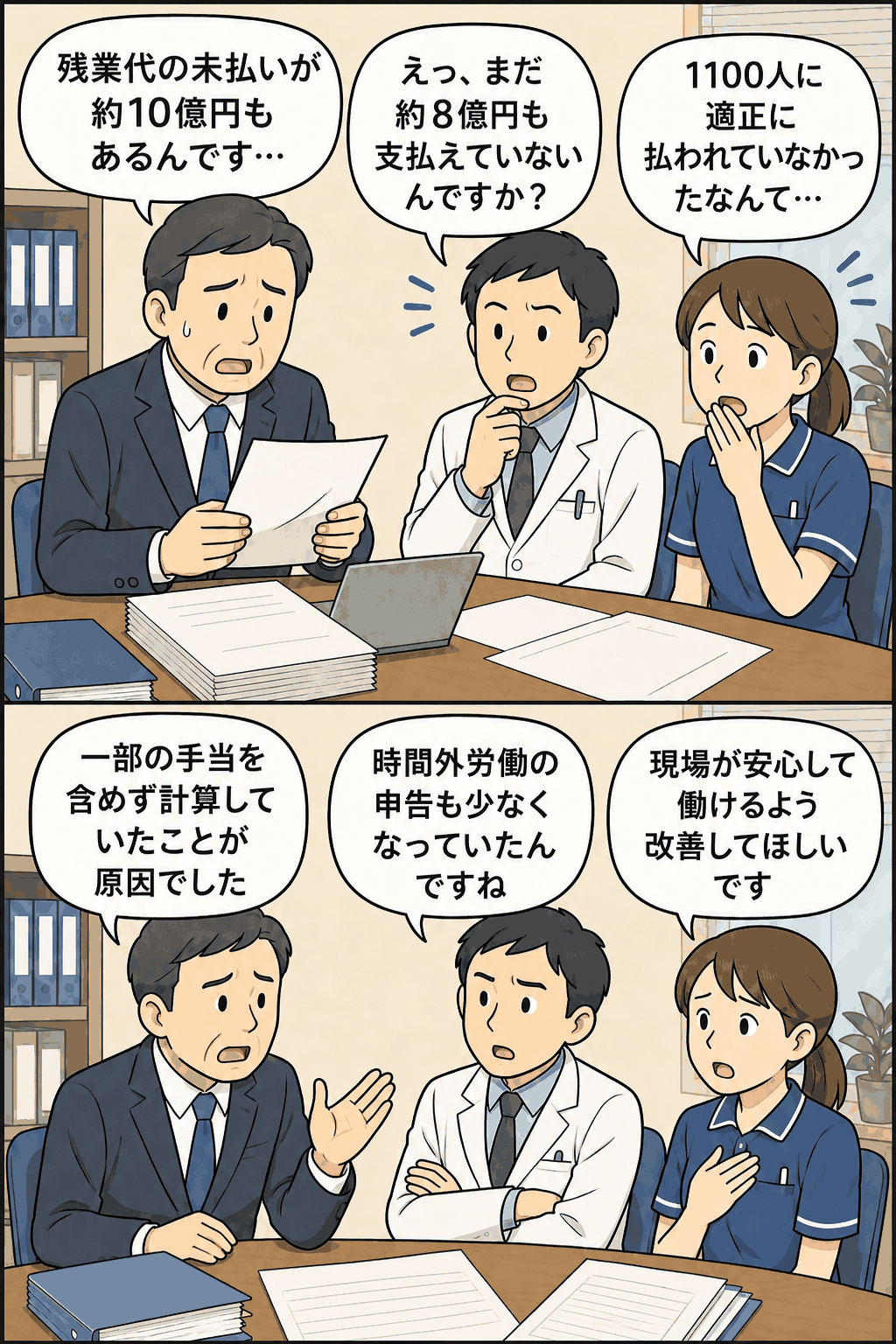 宮崎県の市民病院で医師や看護師ら約1,100人への残業代約10億円未払いと約8億円の未払い継続が問題となる解説漫画