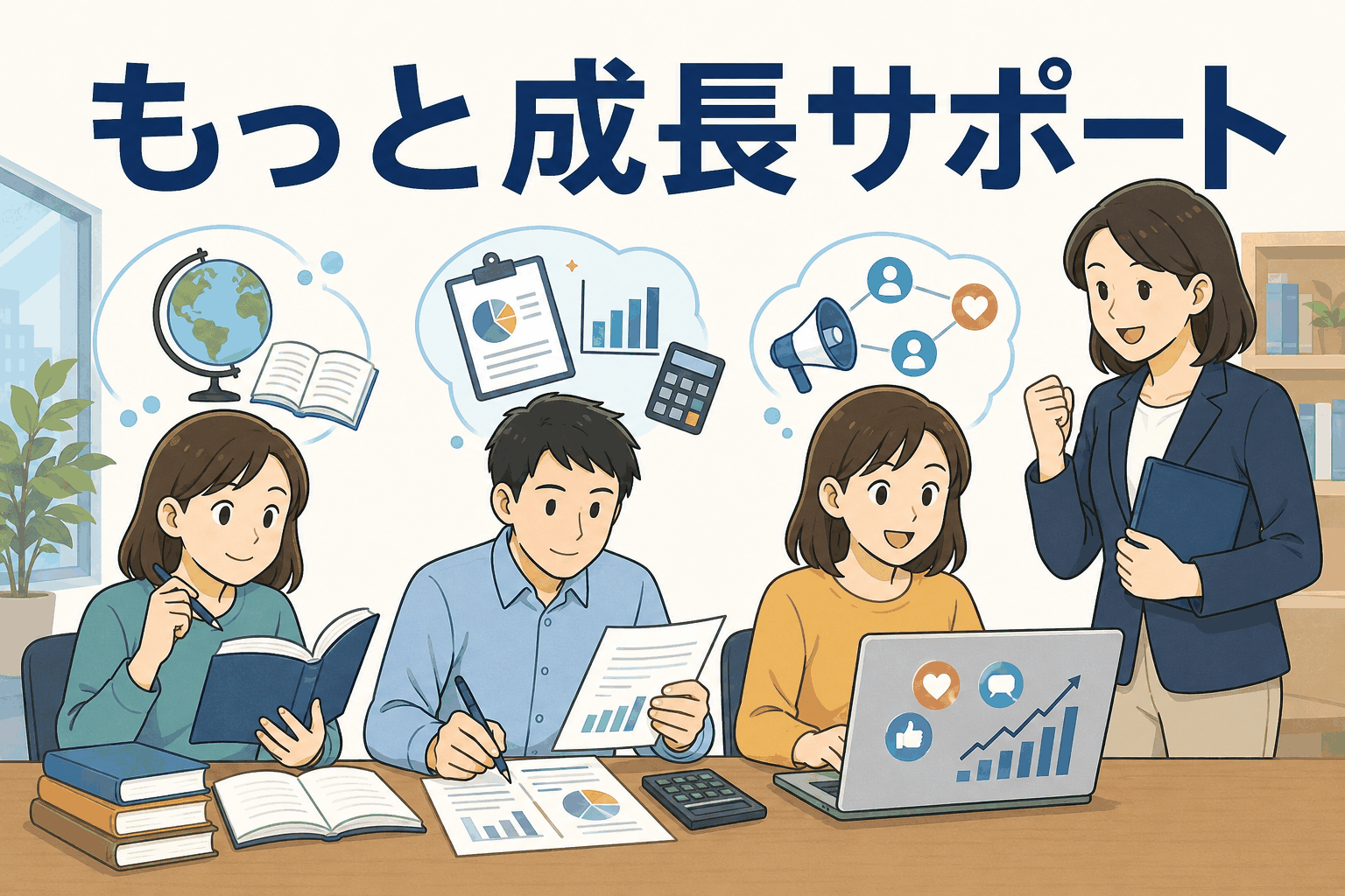 SNS運用支援会社の成長支援制度「もっと成長サポート」で学習費用を補助される社員たち