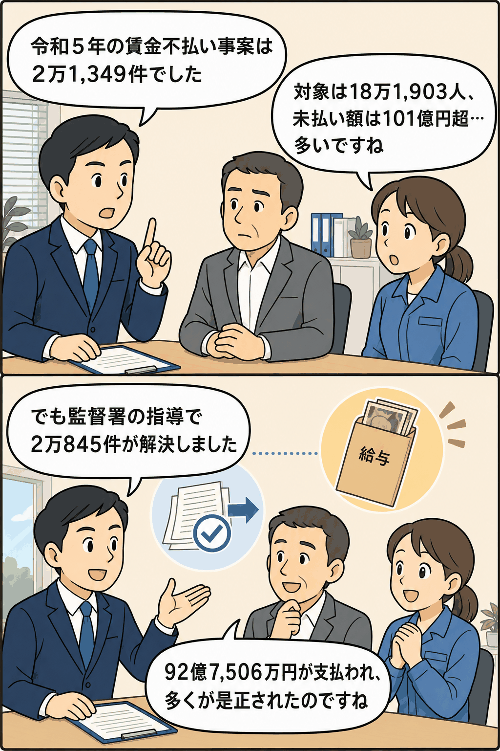 令和5年の賃金不払い事案2万1,349件、対象労働者18万1,903人、未払い額101億円超と、監督署の指導による解決状況を解説する漫画イラスト