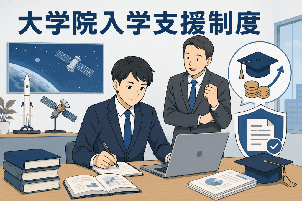 宇宙ビジネス開発会社の社員が働きながら大学院で研究し、会社が最大2年間の学費を全額負担する大学院入学支援制度を紹介するイラスト
