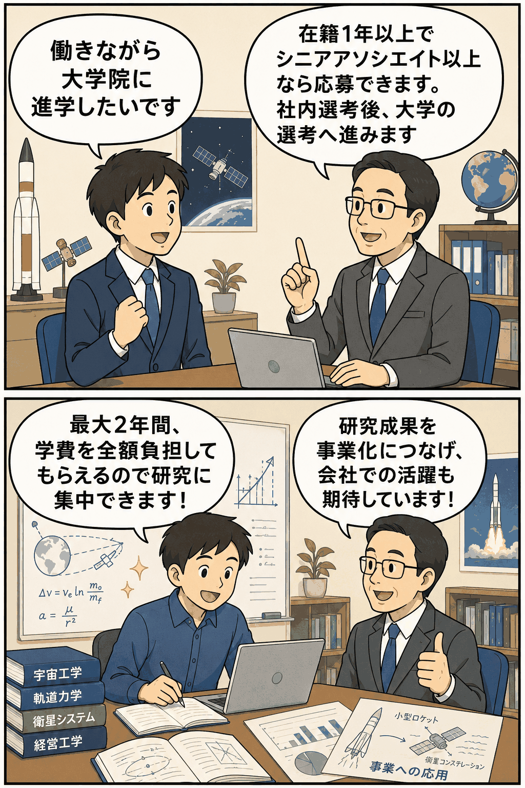 宇宙ビジネス開発会社の社員が、在籍1年以上・シニアアソシエイト以上を対象とする大学院入学支援制度について説明を受け、最大2年間の学費全額負担や研究成果の事業化を目指す流れを学ぶ漫画
