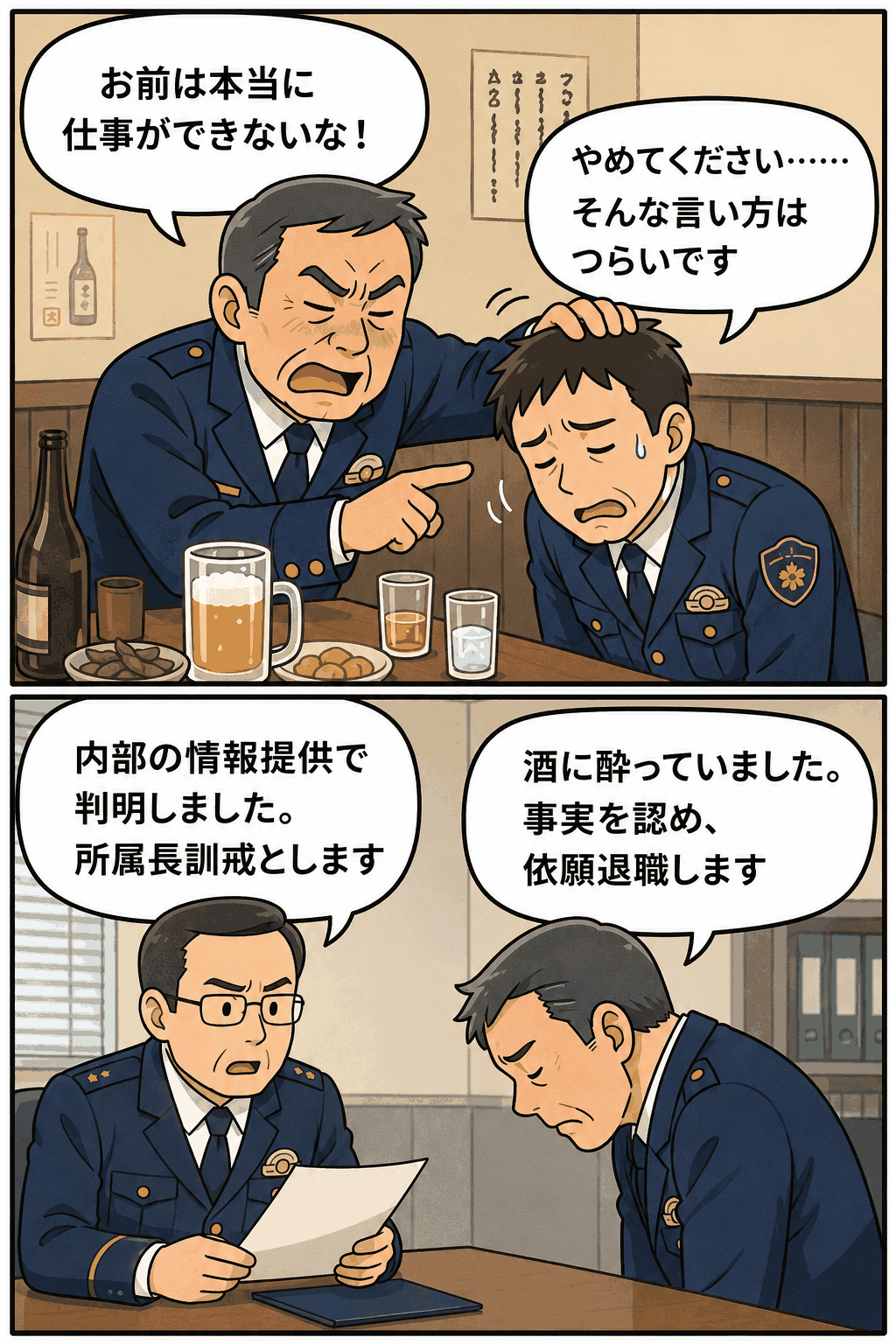 県警の50代警視が飲み会で部下にパワハラを行い、内部通報により処分・依願退職となった経緯を描いた漫画