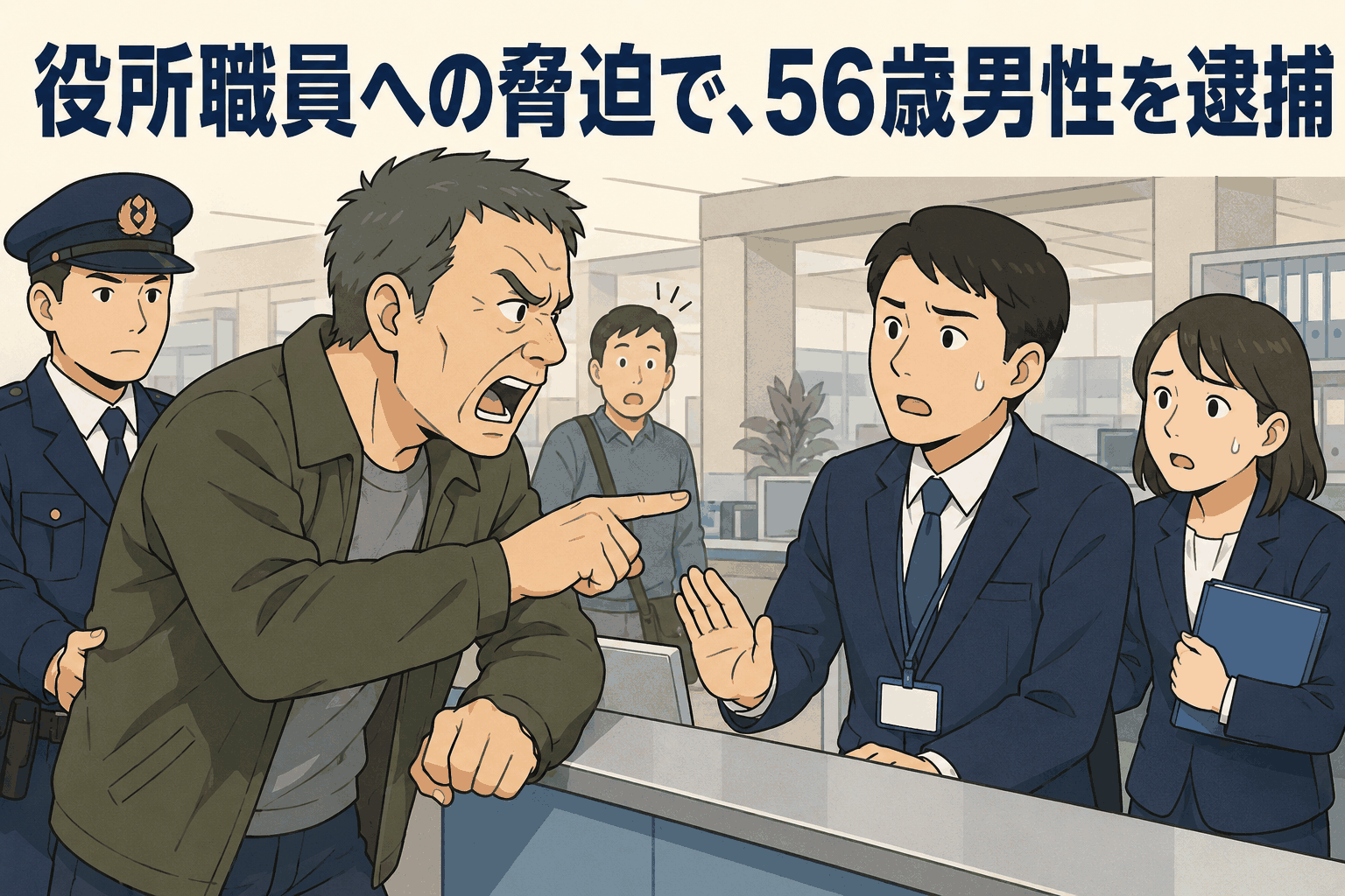 市役所で56歳男性が職員を脅迫し、警察官が対応する様子を描いたイラスト