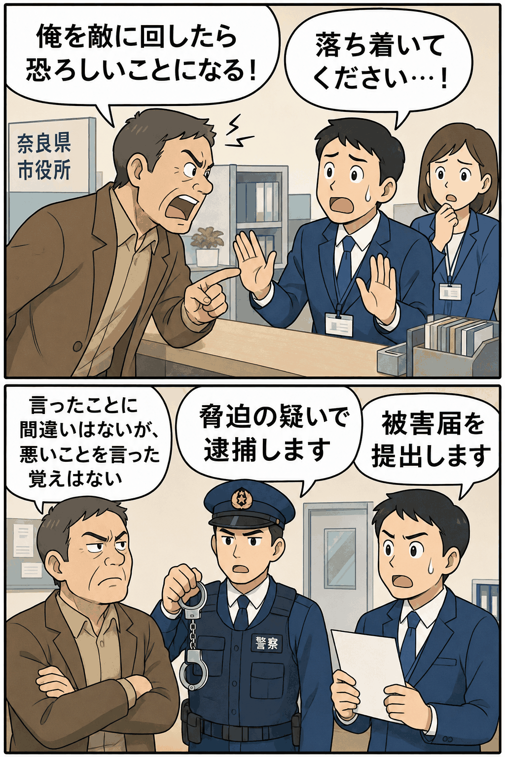 奈良県の市役所で男性が職員に脅迫発言をし、被害届提出と逮捕に至る流れを描いた漫画