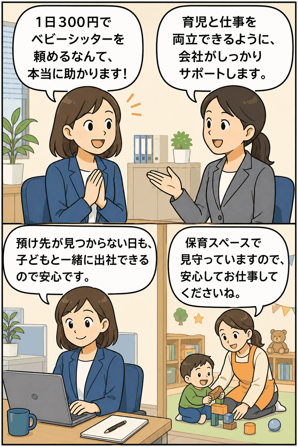 1日300円で利用できるベビーシッター補助制度と社内保育スペースにより、育児と仕事の両立を支援する会社の漫画イメージ