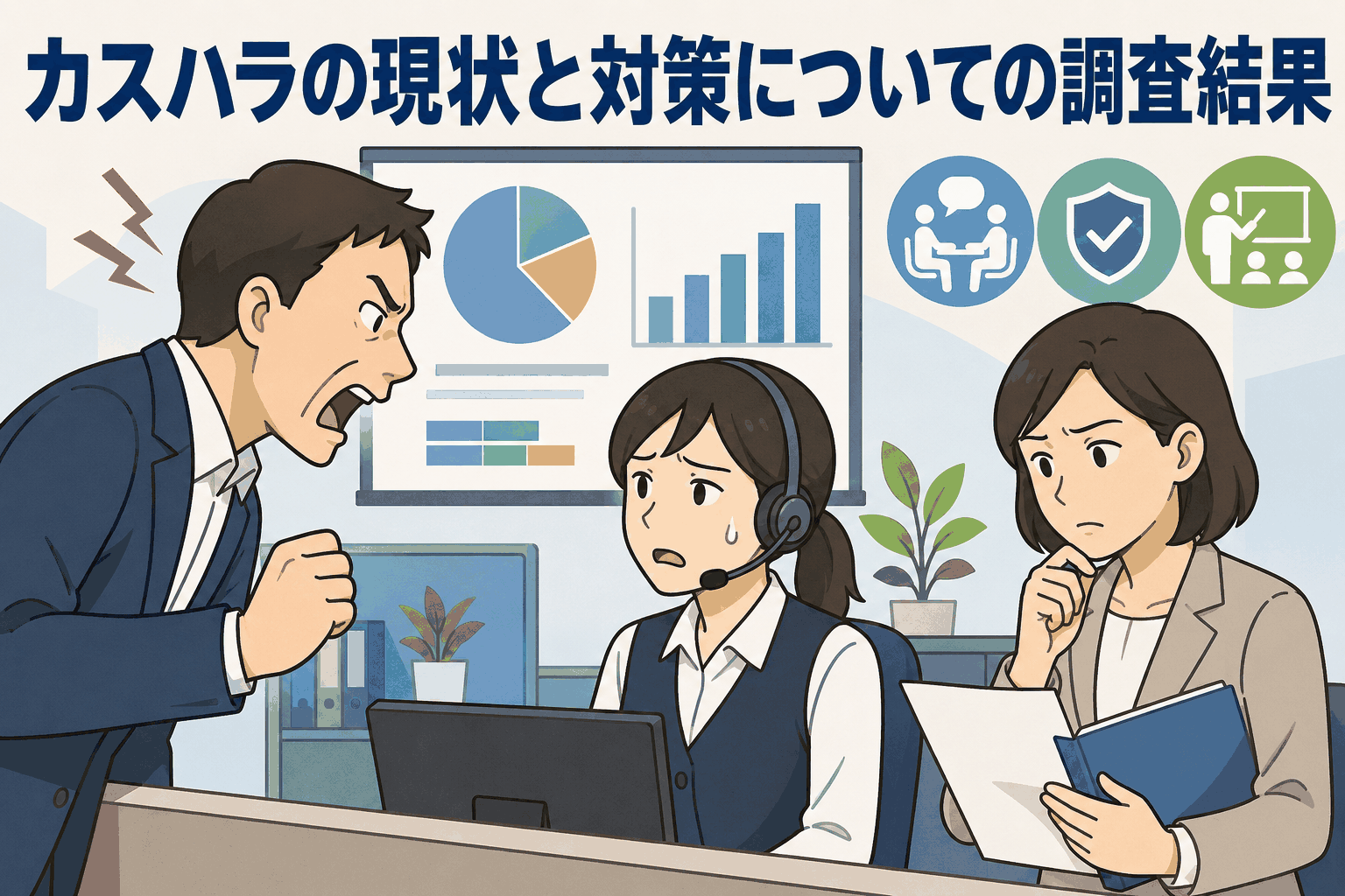 カスハラ被害の調査結果を示すグラフの前で、威圧的なクレーム対応に悩む従業員と対策を検討する担当者のイラスト